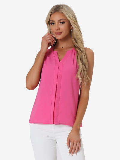 Sleeveless Work Top Pleated Chiffon V Neck Blouse