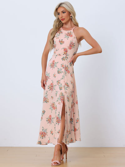 Sleeveless Floral Round Neck Slit Hem Summer Long Maxi Dress Sundress