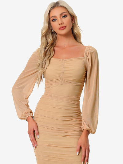 Bodycon Long Puff Sleeve Mini Mesh Ruched Solid Lace Up Party Dress