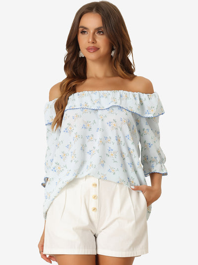 Allegra K Floral Ruffled Off Shoulder Puff Sleeves Casual Blouse