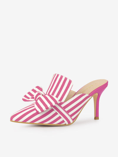 Stripe Bow Slip on Stiletto Heel Slides Mules