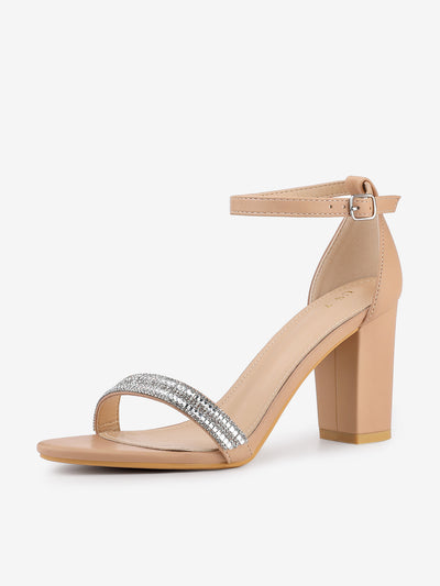 Rhinestone Ankle Strap Chunky Heel Sandals