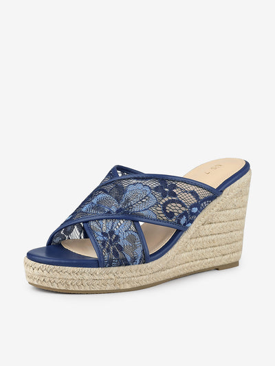 Lace Crisscross Strap Slide Wedge Espadrilles Sandals