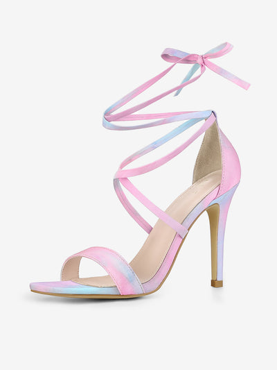 Elegant Open Toe Tie Dye Lace Up Stiletto Heel Sandals