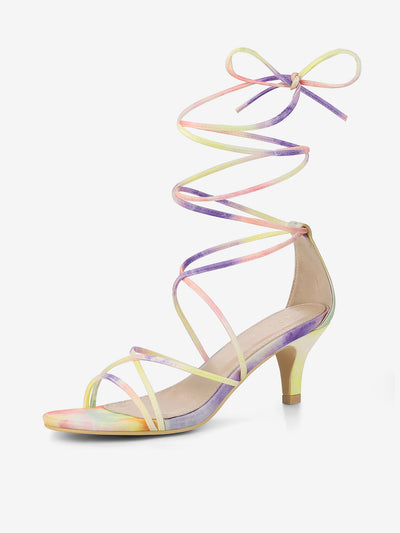 Open Toe Strappy Tie Dye Lace Up Kitten Heel Sandals