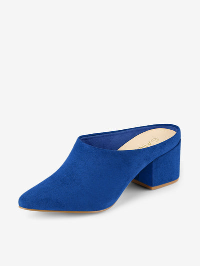 Faux Suede Pointed Toe Slip On Block Heel Slide Mules