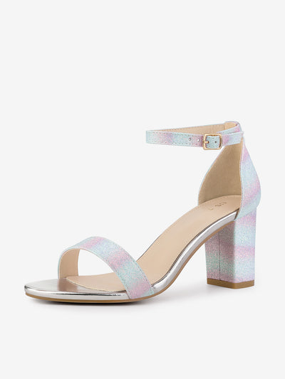 Colorful Gradient Glitter Chunky Heel Ankle Strap Sandals