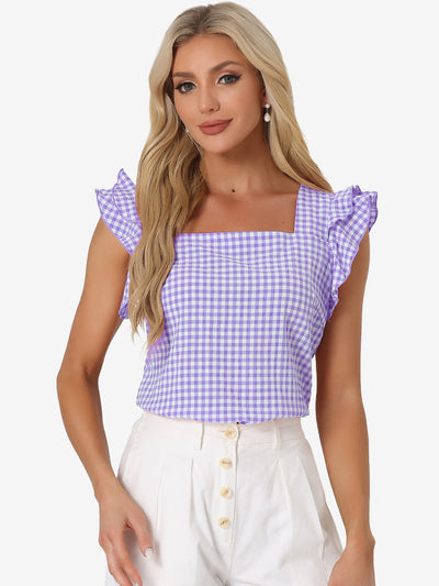 Summer Gingham Tops Square Neck Ruffle Cap Sleeve Blouse