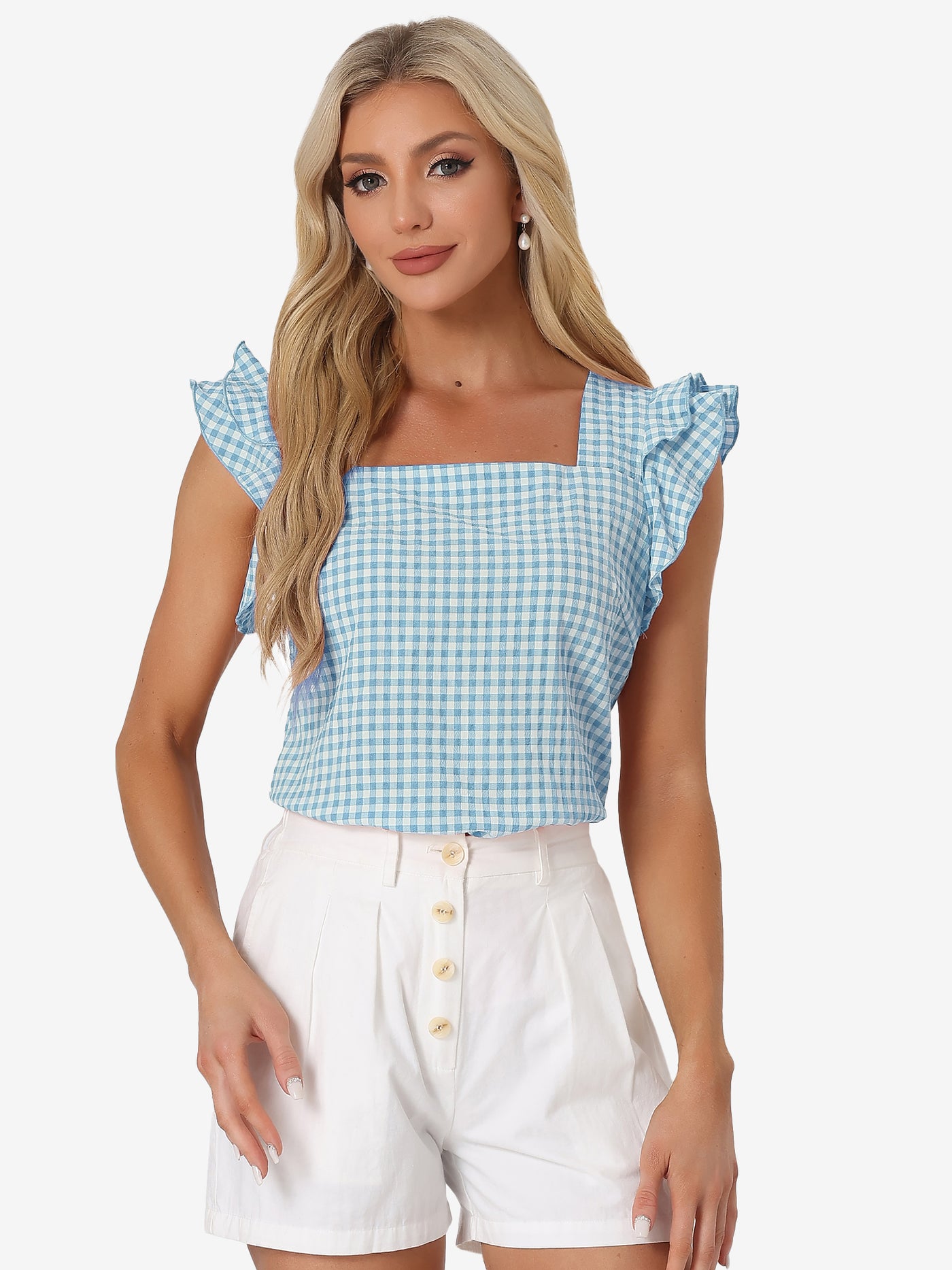 Allegra K Summer Gingham Tops Square Neck Ruffle Cap Sleeve Blouse