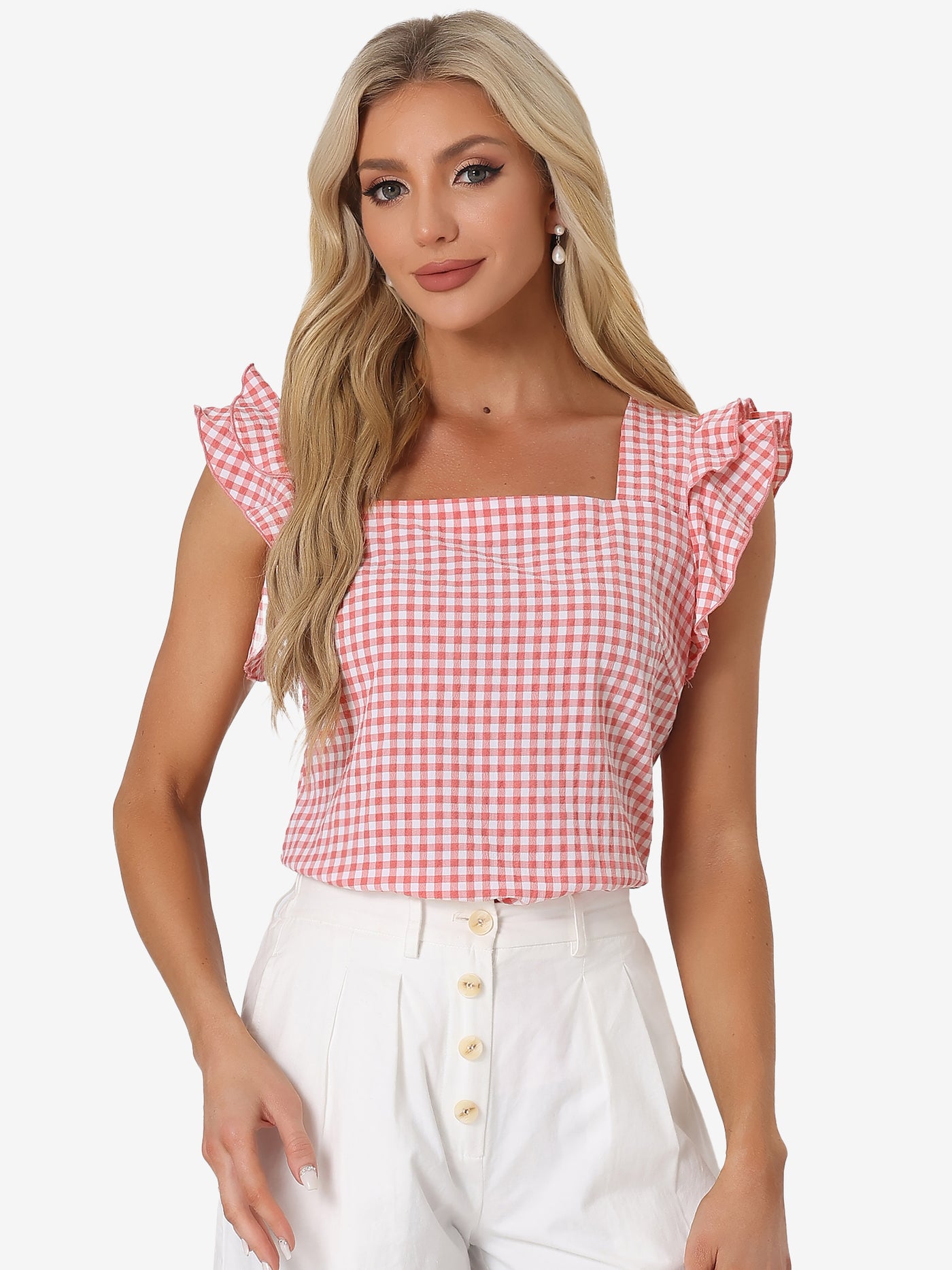 Allegra K Summer Gingham Tops Square Neck Ruffle Cap Sleeve Blouse