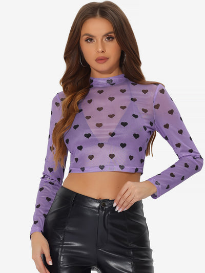 Semi-Sheer Sexy Heart Mesh Crop Top Long Sleeve Blouse