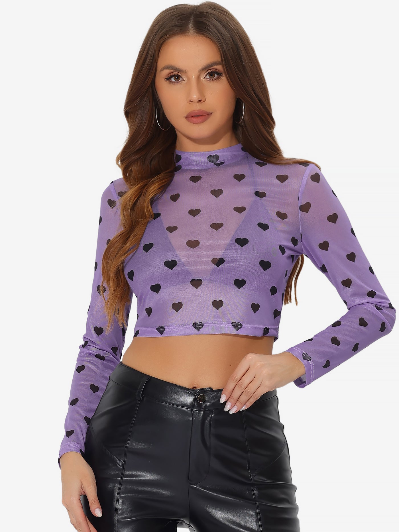 Allegra K Semi-Sheer Sexy Heart Mesh Crop Top Long Sleeve Blouse