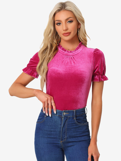 Ruffle Collar Short Cuff Sleeve Velvet Tops Blouse