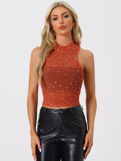 Star Mesh Metallic Mock Neck Sleeveless See Through Tank Top