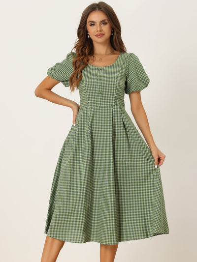 Plaid Summer Pleated Back Button Decor Puff Sleeve Midi Dress