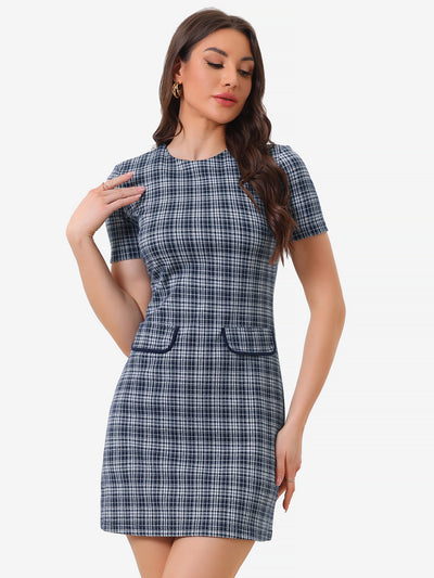 Work Short Sleeve Vintage Houndstooth Pencil Sheath Dress