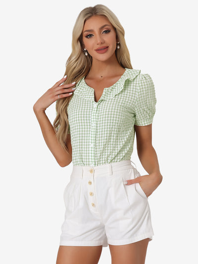 Plaid Blouse Puff Sleeve Ruffle Peter Pan Collar Shirt Top