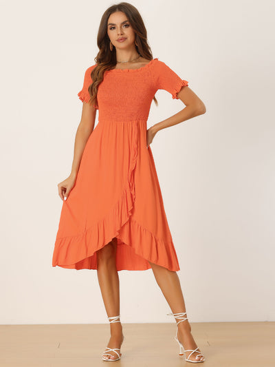 Summer Shirred Off Shoulder Ruffle Split Hem Midi Dress