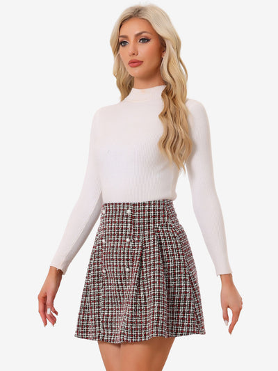 High Waist A-Line Button Front Plaid Tweed Mini Skirt