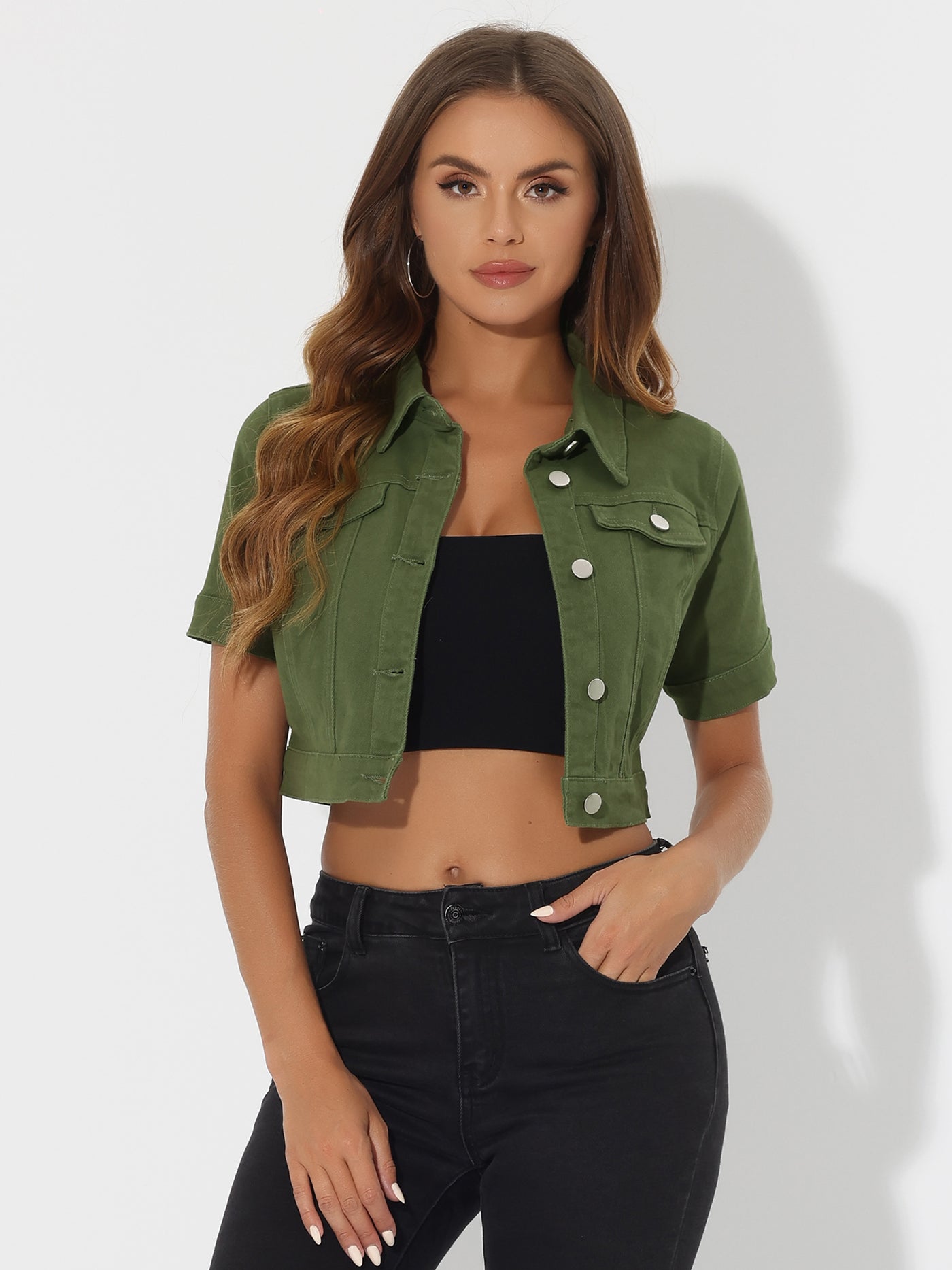 Allegra K Casual Lapel Short Sleeve Crop Top Jean Denim Jacket