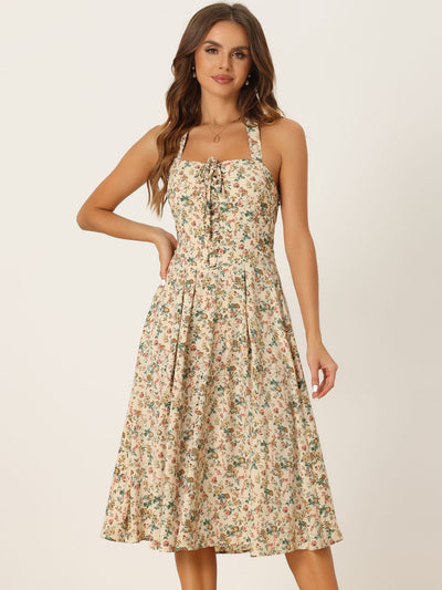 Halter Neck Floral Summer Sundress Sleeveless Lace Up Midi Dress