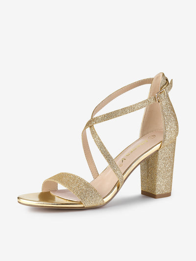 Glitter Crisscross Strap Block Heel Sandals