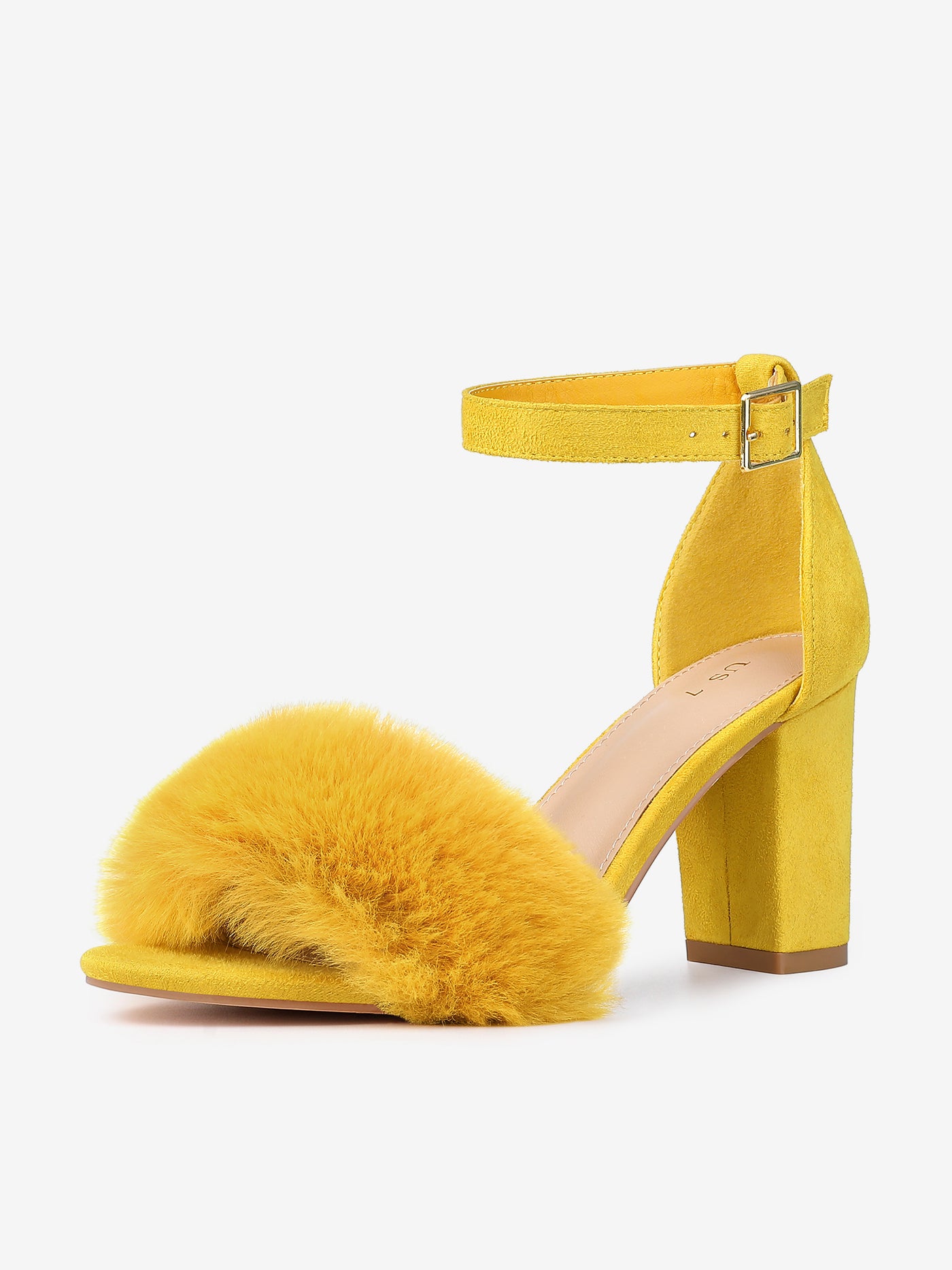 Allegra K Faux Fur Ankle Strap Block Heel Sandals