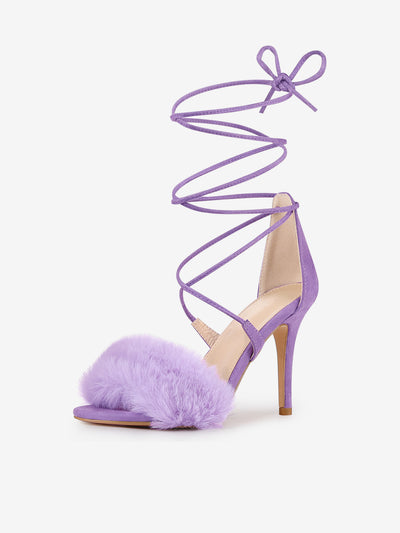 Faux Fur Stiletto Heel Lace Up Ankle Wrap Tie Sandals