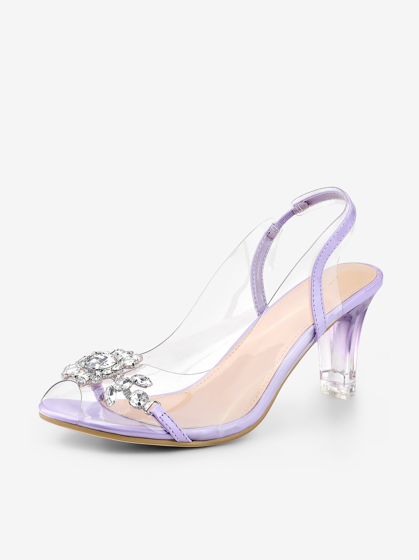 Allegra K Clear Slingback Flower Rhinestone Peep Toe Heel Sandals