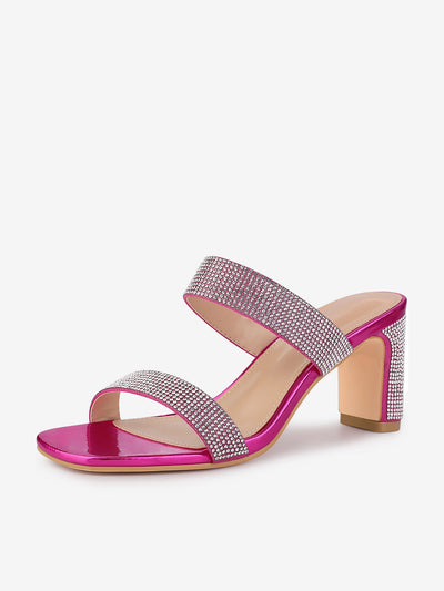 Square Open Toe Rhinestone Chunky Heel Slide Sandals