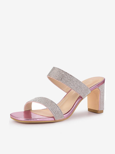 Square Open Toe Rhinestone Chunky Heel Slide Sandals