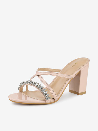 Crisscross Strap Open Toe Rhinestone Block Heel Slide Sandals