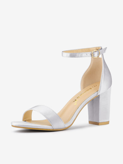 Satin Open Toe Ankle Strap Chunky Heel Sandals