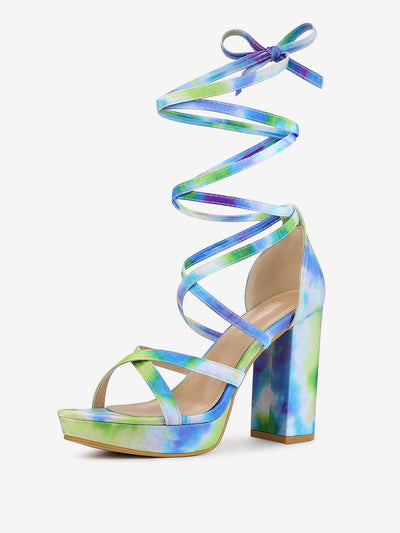 Tie Dye Platform Chunky Heel Lace Up Sandals