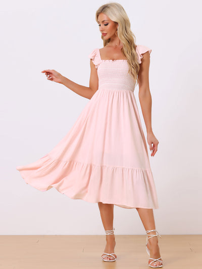 Boho Square Neck Ruffle Tiered Flowy Smocked Midi Dress Sundress