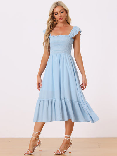 Boho Square Neck Ruffle Tiered Flowy Smocked Midi Dress Sundress