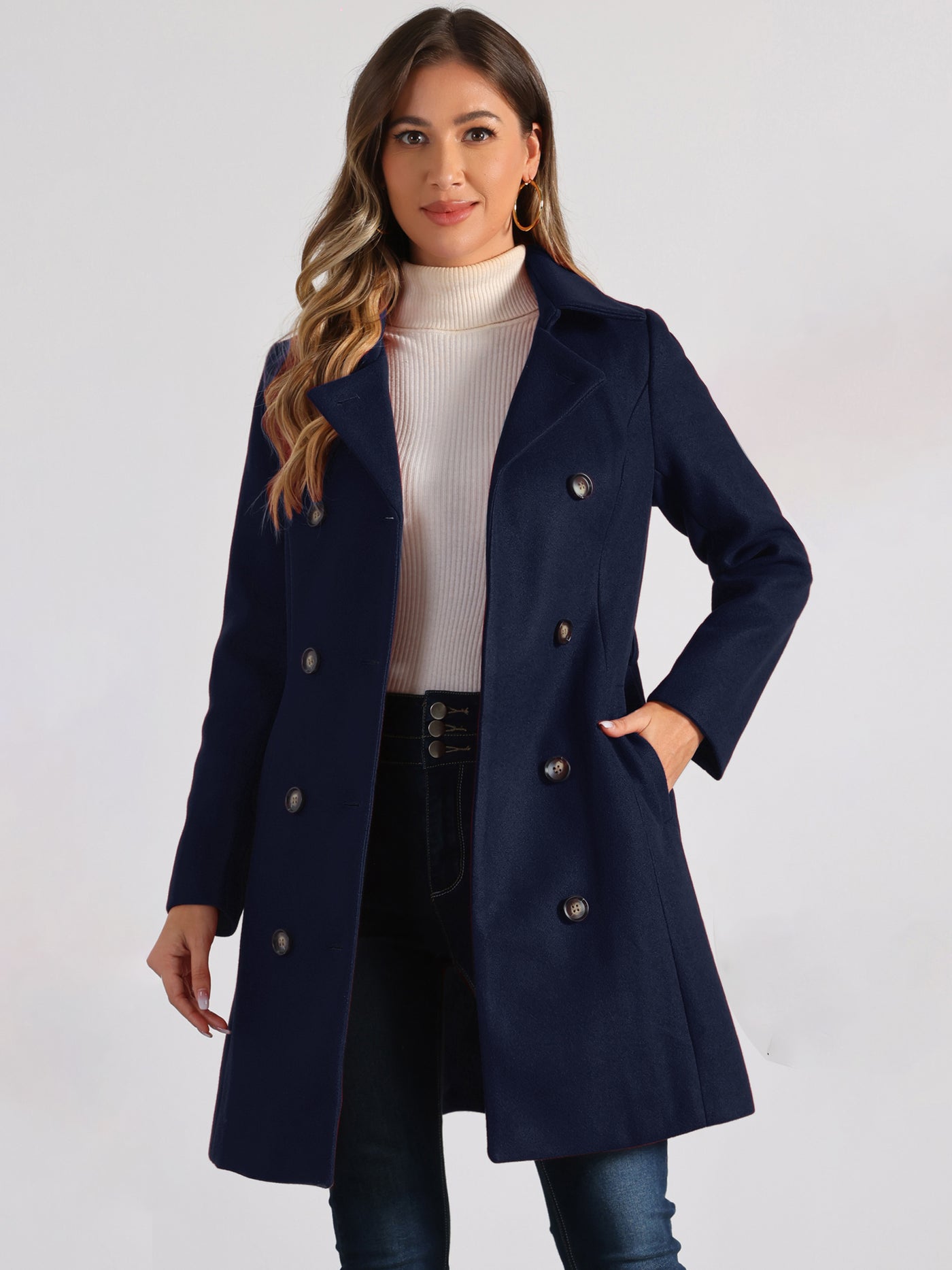 Allegra K Lapel Double Breasted Slant Pocket Button Belted Pea Coats