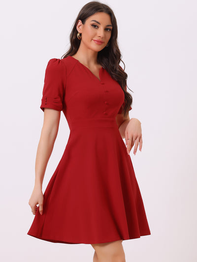 Elegant Short Puff Sleeve V Neck A-Line Zipper Side Office Dress