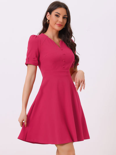 Elegant Short Puff Sleeve V Neck A-Line Zipper Side Office Dress