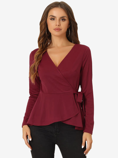 Casual Wrap Peplum V Neck Long Sleeve Tie Waist Knit Blouse