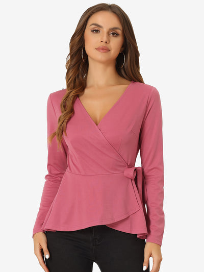 Casual Wrap Peplum V Neck Long Sleeve Tie Waist Knit Blouse