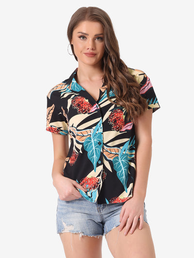 Hawaiian Tropical Leaves Floral Short Sleeve Button Down Shirt