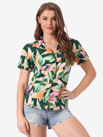 Hawaiian Tropical Leaves Floral Short Sleeve Button Down Shirt