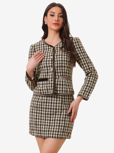 2 Piece Outfits Plaid Tweed Cropped Blazer Jacket & Mini Skirt Suit Set