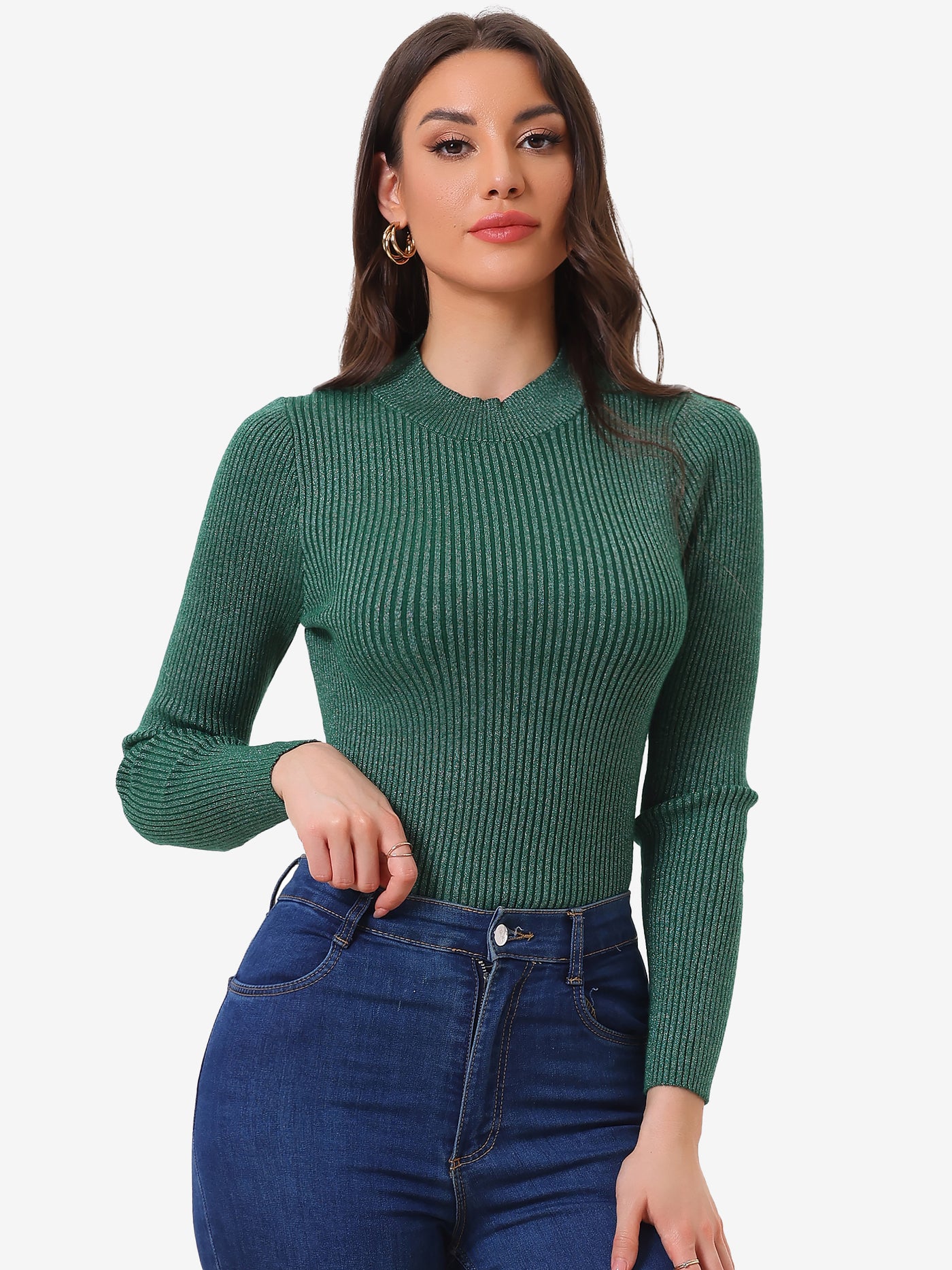 Allegra K Shiny Turtleneck Long Sleeve Ribbed Knit Pullover Sweater
