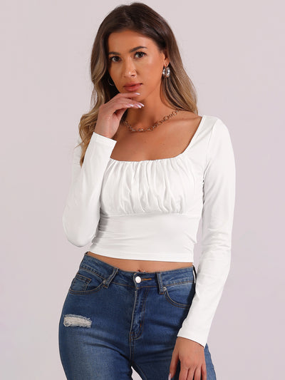 Ruched Long Sleeve Solid Fitted Cropped Blouse