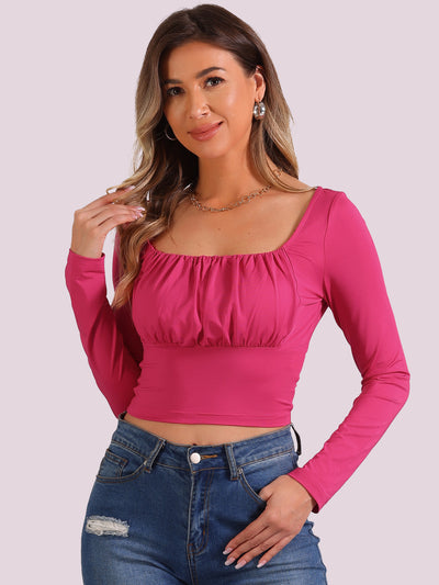 Ruched Long Sleeve Solid Fitted Cropped Blouse