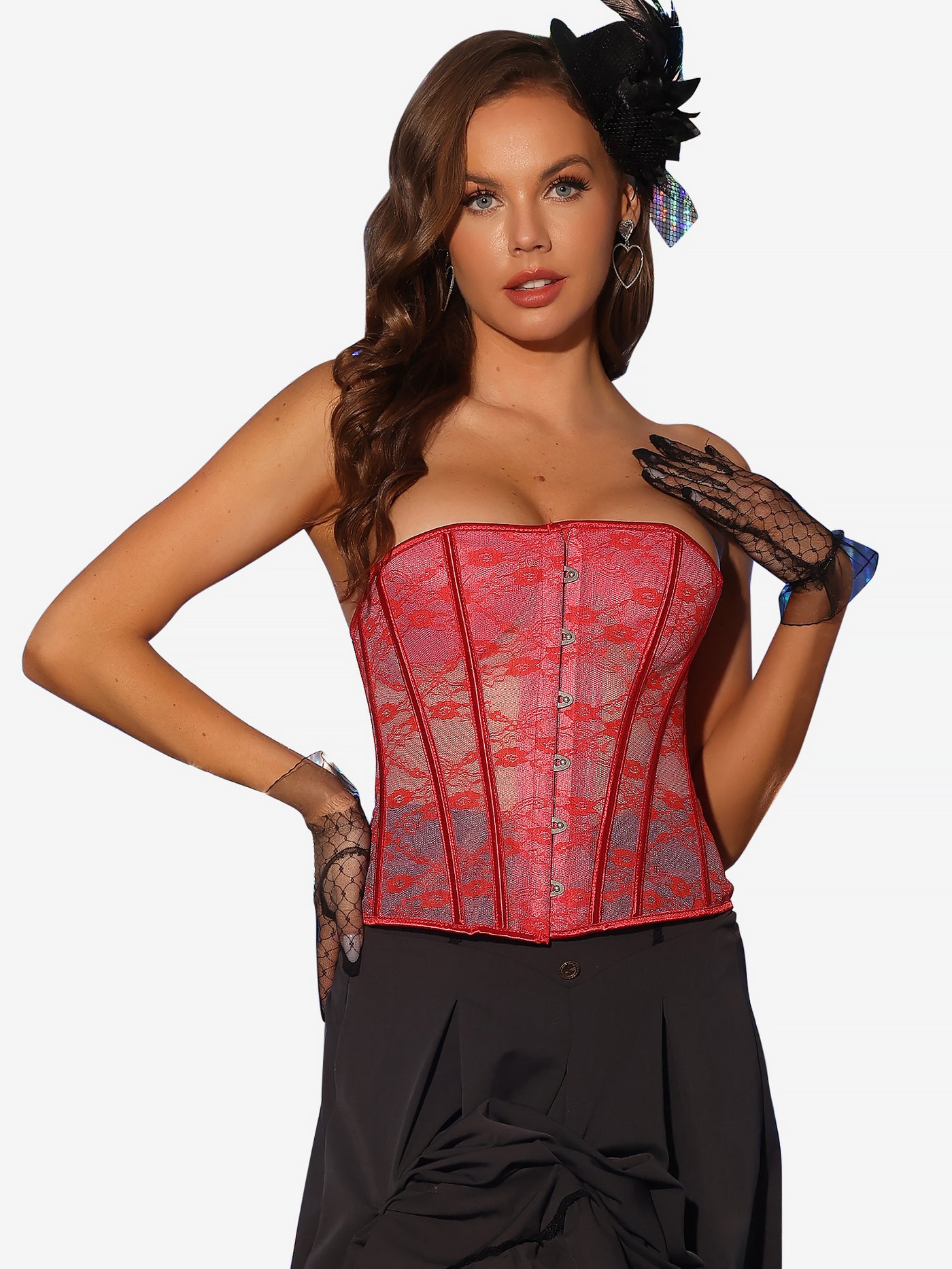 Allegra K Lace Sheer Sleeveless Underwired Waist Cincher Bustier Corset