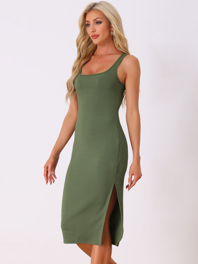 Ribbed Scoop Neck Sleeveless Knit Slit Bodycon Midi Dress