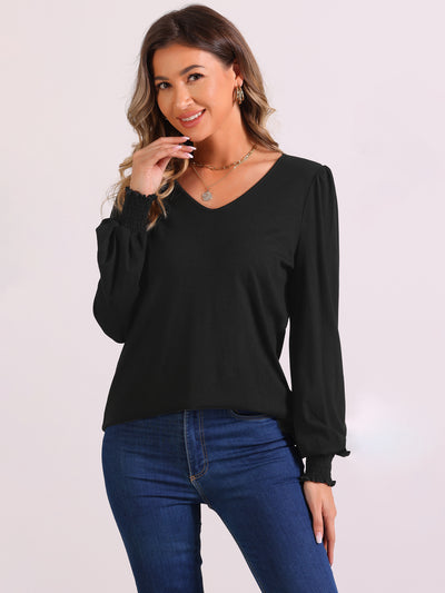 V Neck Puff Long Sleeve Smocked Cuff Casual Blouse